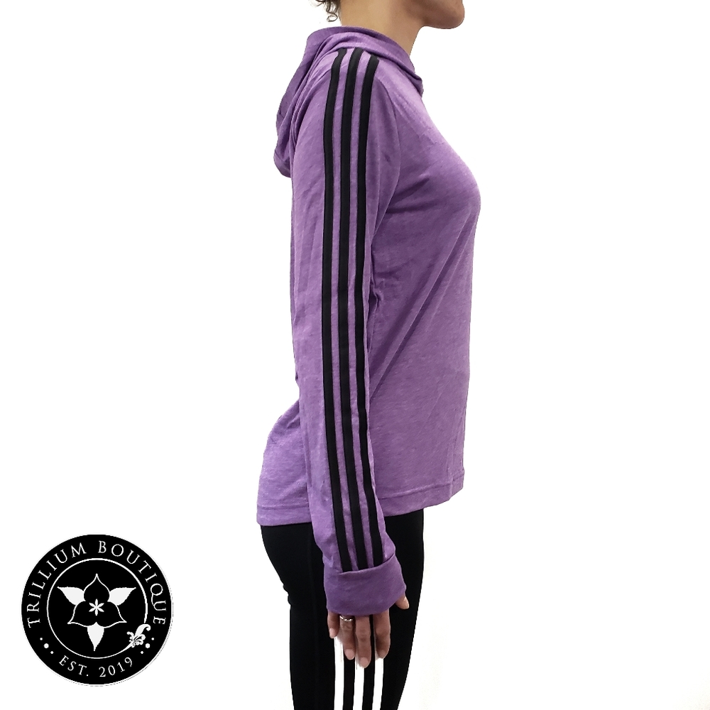 Adidas Climalite Women's Jersey Hoodie Purple Adidas Iconic Stripes and Logo NWT - Picture 4 of 5